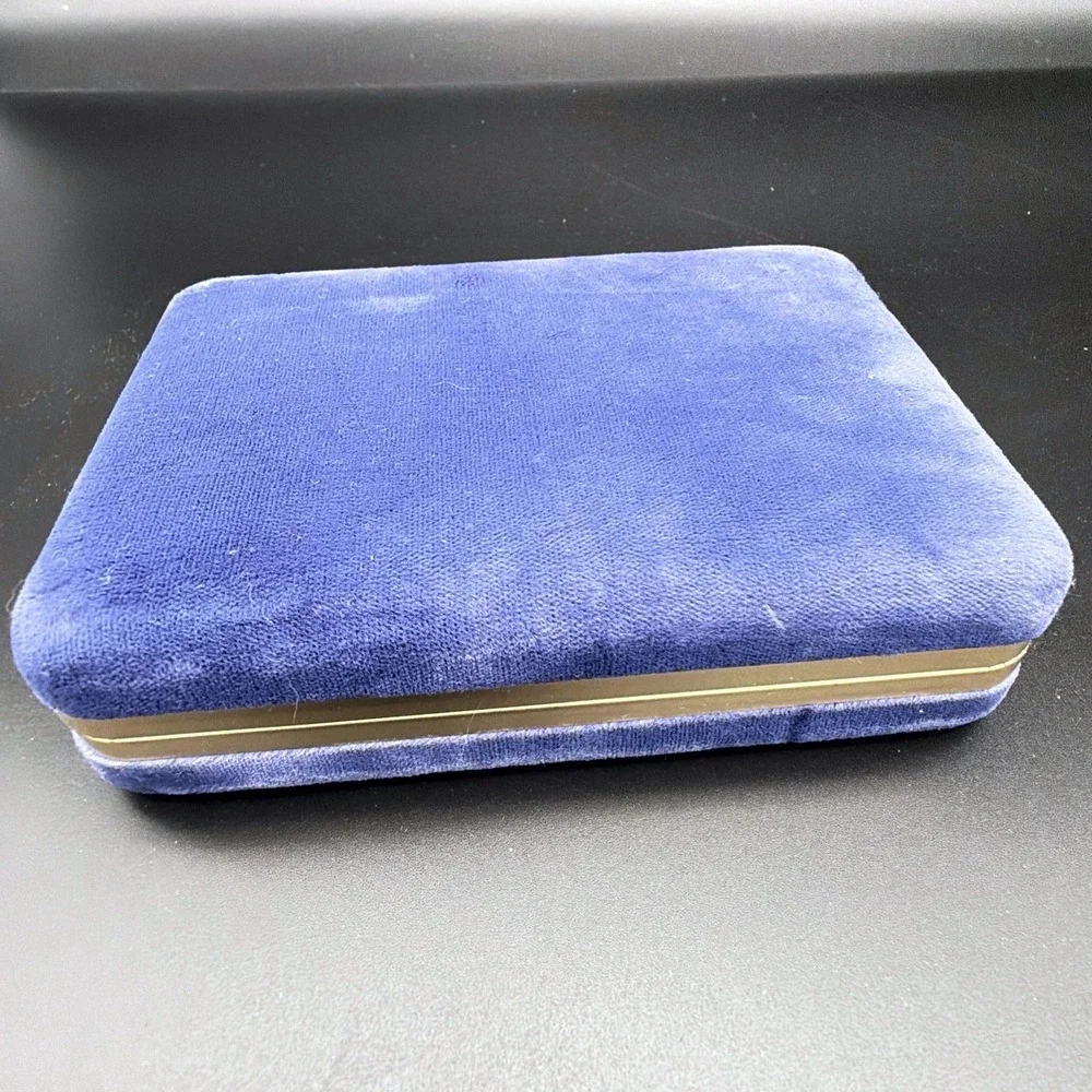 Vintage Blue Velvet Jewelry Box Gold Tone Trim With Drawstring Pouch